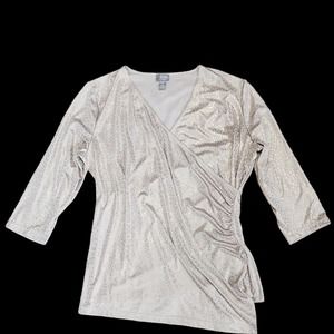 Chico's Womens Top Shirt Blouse SZ 3 XL 16 Gold Shimmer 3/4 Sleeve Asymmetrical